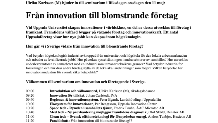 Inbjudan Riksdagseminarium 11 maj