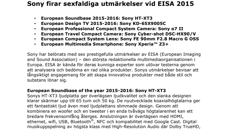  Sony firar sexfaldiga utmärkelser vid EISA 2015 
