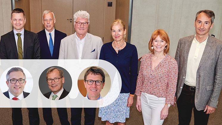 Der Vorstand (v.l.n.r.): Prof. Stephan Achenbach, Prof. Thomas Voigtländer, RA Gunter Anders, Prof. Christiane Tiefenbacher, Vera Cordes, Prof. Bernhard Schwaab. Portraits (v.l.n.r.): Prof. Stefan Hofer, Prof. Jan Gummert, Prof. Heribert Schunkert