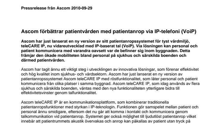 Ascom förbättrar patientvården med patientanrop via IP-telefoni (VoiP)