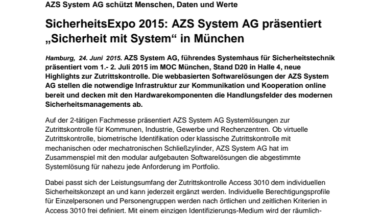 SicherheitsExpo 2015: AZS System AG präsentiert „Sicherheit mit System“ in München