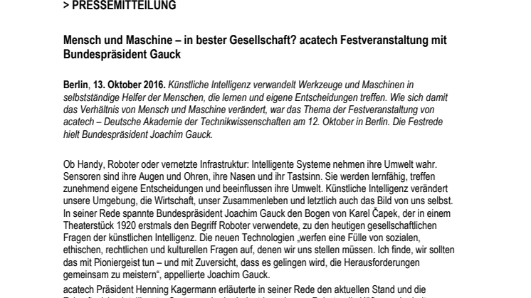 Mensch und Maschine – in bester Gesellschaft? acatech Festveranstaltung mit Bundespräsident Gauck