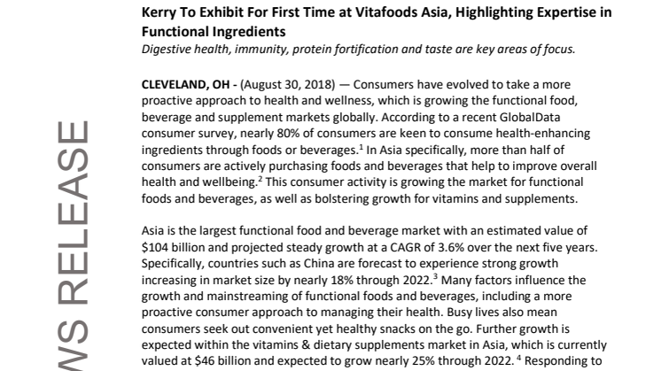 PRESS RELEASE – Kerry To Exhibit For First Time at Vitafoods Asia, Highlighting Expertise in Functional Ingredients