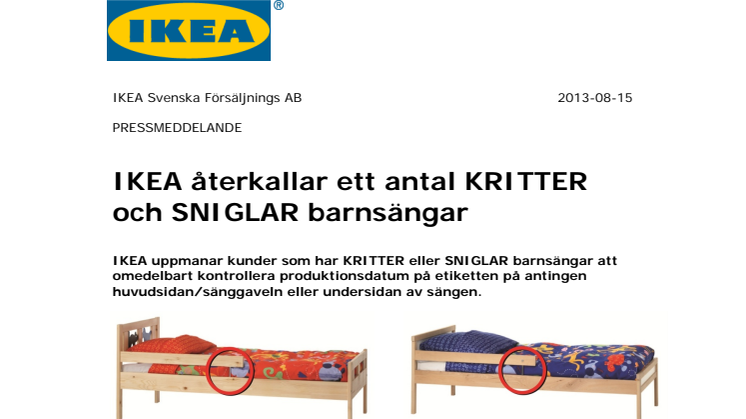 IKEA återkallar ett antal KRITTER och SNIGLAR barnsängar