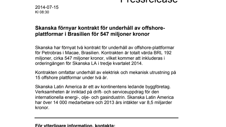 Skanska förnyar kontrakt för underhåll av offshore-plattformar i Brasilien för 547 miljoner kronor