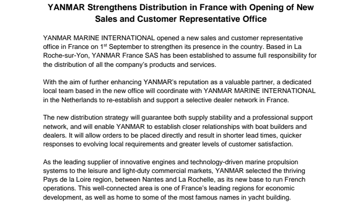 YANMAR Strengthens Distribution in France with Opening of New Sales and Customer Representative Office