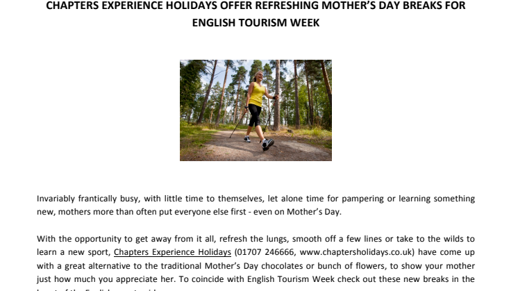 CHAPTERS EXPERIENCE HOLIDAYS OFFER REFRESHING MOTHER’S DAY BREAKS FOR ENGLISH TOURISM WEEK