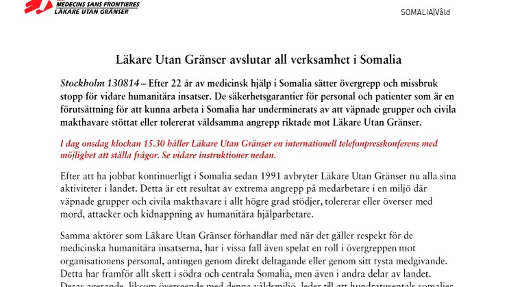 Läkare Utan Gränser avslutar all verksamhet i Somalia