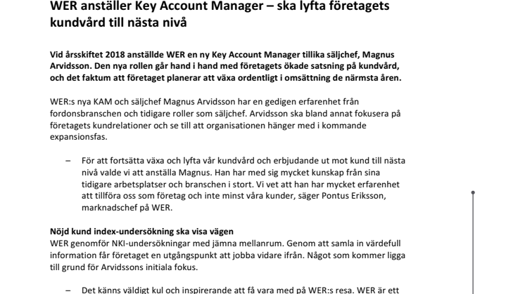WER anställer Key Account Manager – ska lyfta företagets kundvård till nästa nivå