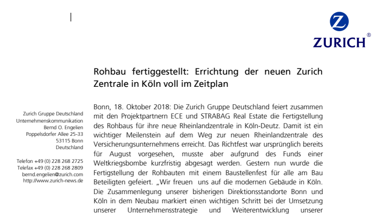 Rohbau fertiggestellt: Errichtung der neuen Zurich Zentrale in Köln voll im Zeitplan