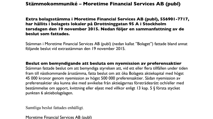 Stämmokommuniké – Moretime Financial Services AB (publ)