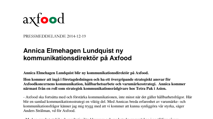 Annica Elmehagen Lundquist ny kommunikationsdirektör på Axfood