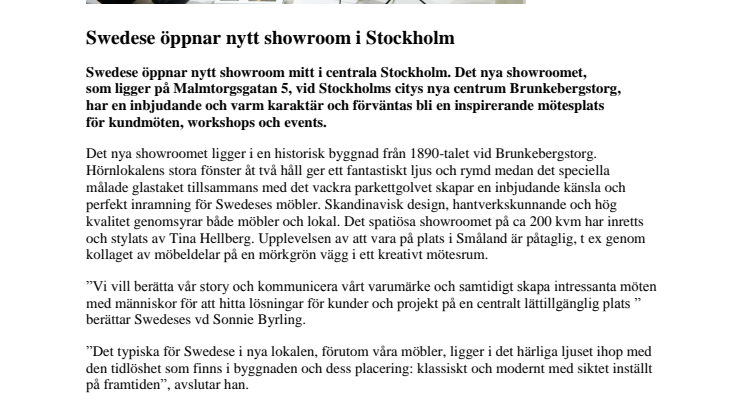 Swedese öppnar nytt showroom i Stockholm
