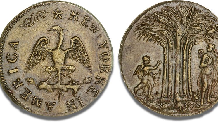 Amerikansk messingmønt, New York(e), ca. 1668 - 1673. Vurdering: 70.000 kr.