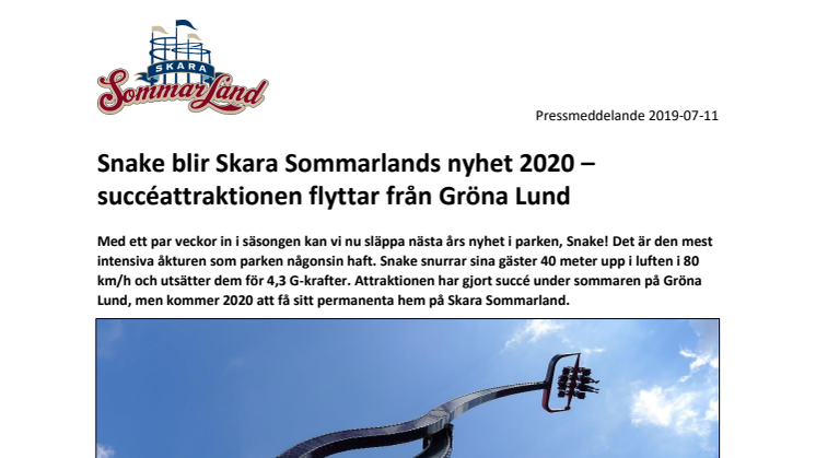 Snake blir Skara Sommarlands nyhet 2020 - succéattraktionen flyttar från Gröna Lund