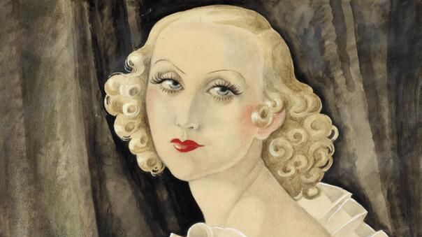 Gerda Wegener- Portræt af kvinde i hvid kjole, 1934. Signeret. Akvarel og gouache på papir. Lysmål 63 x 48 cm. Vurdering- 100.000-125.000 kr.