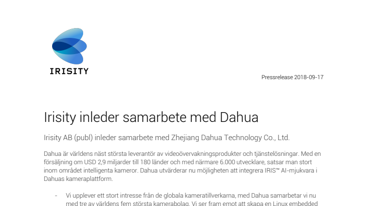 Irisity inleder samarbete med Dahua