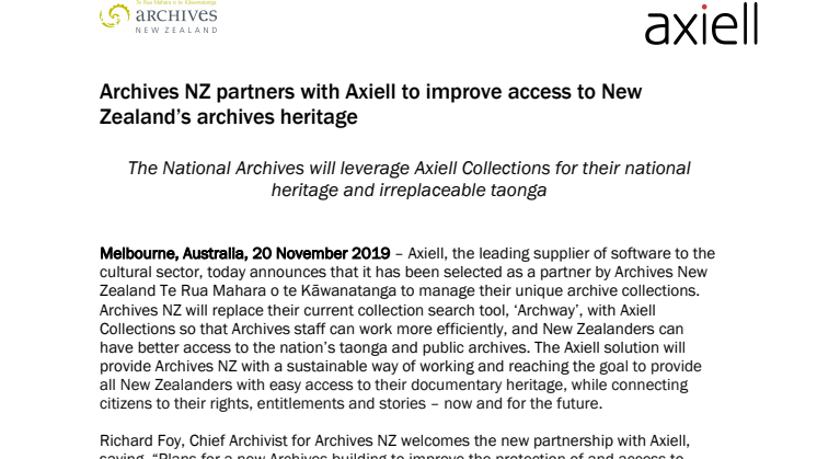 Archives NZ partners with Axiell to improve access to New Zealand’s archives heritage   