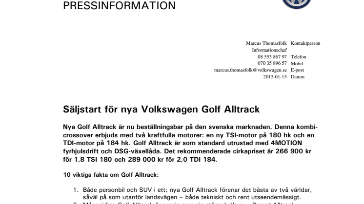 Säljstart för nya Volkswagen Golf Alltrack