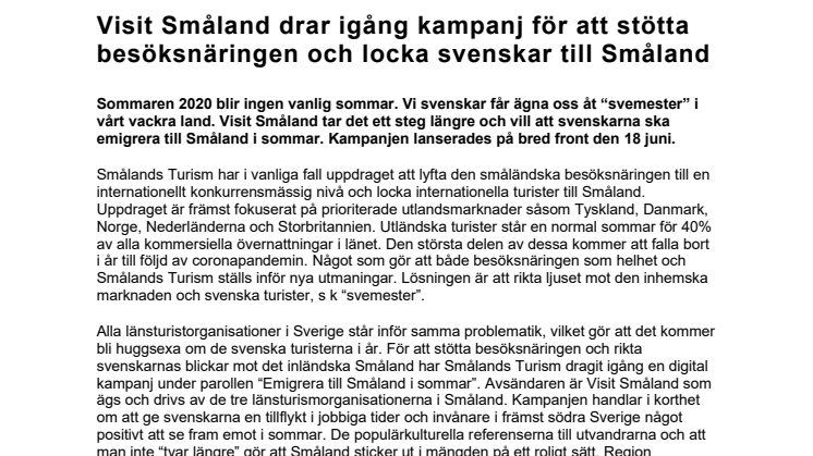 Visit Småland drar igång kampanj för att stötta besöksnäringen och locka svenskar till Småland