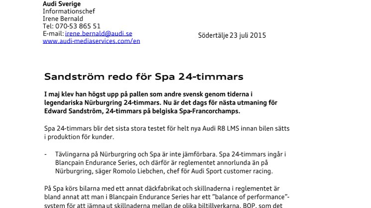Sandström redo för Spa 24-timmars
