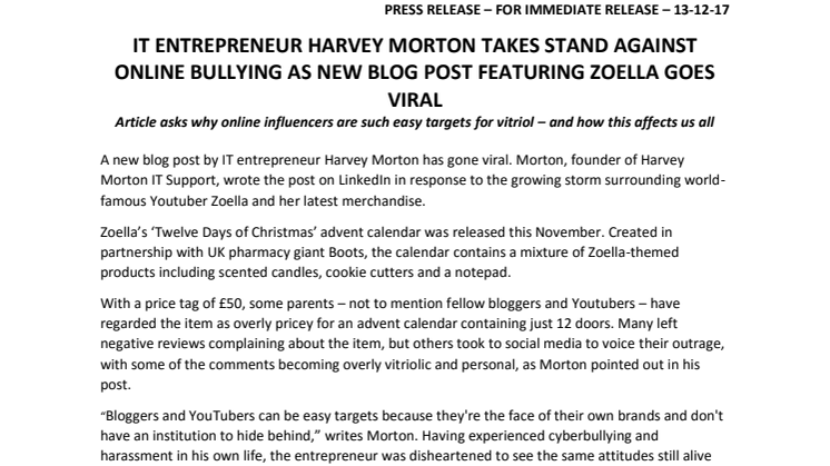 IT ENTREPRENEUR HARVEY MORTON TAKES STAND AGAINST ONLINE BULLYING AS NEW BLOG POST FEATURING ZOELLA GOES VIRAL