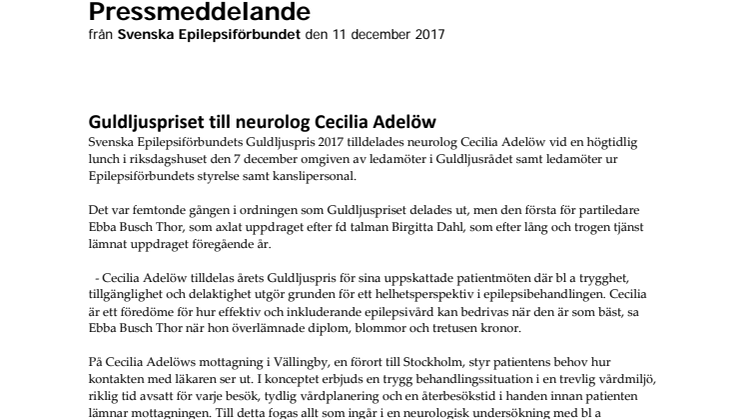 Guldljuspriset till neurolog Cecilia Adelöw