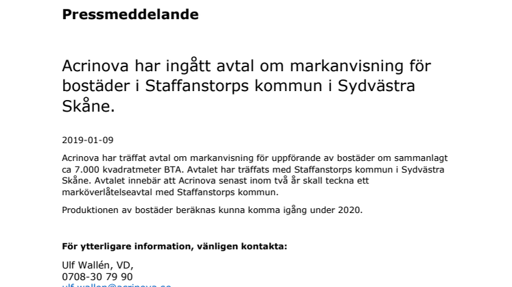 Acrinova har ingått avtal om markanvisning för bostäder i Staffanstorps kommun i Sydvästra Skåne