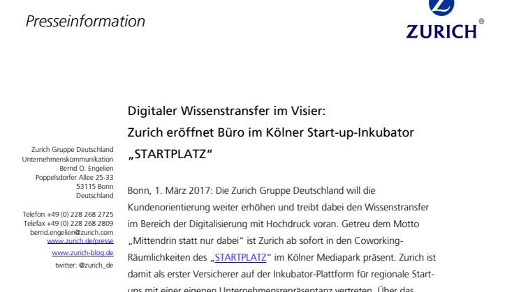 Digitaler Wissenstransfer im Visier: Zurich eröffnet Büro im Kölner Start-up-Inkubator „STARTPLATZ“