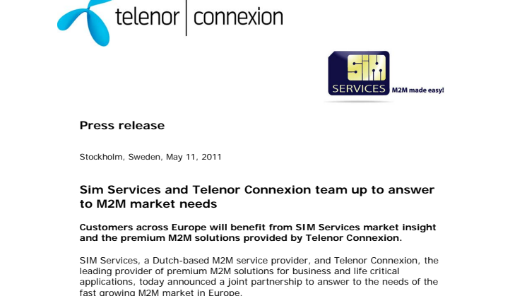 SIM Services and Telenor Connexion team up to answer to M2M market needs
