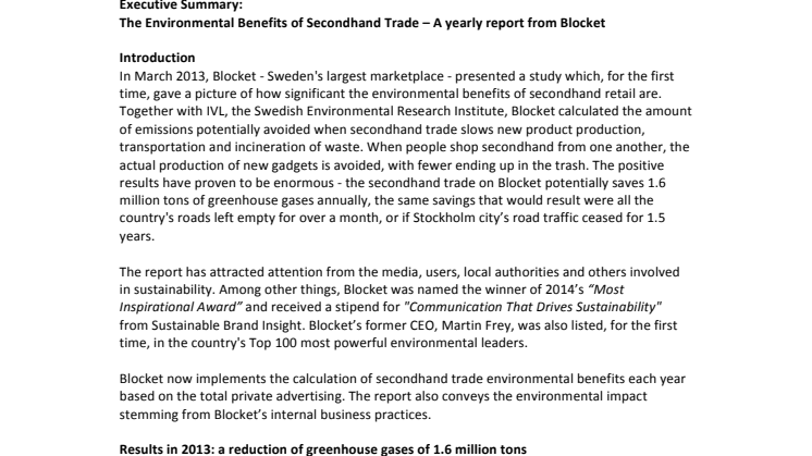 Executive Summary:  The Environmental Benefits of Secondhand Trade – A yearly report from Blocket 