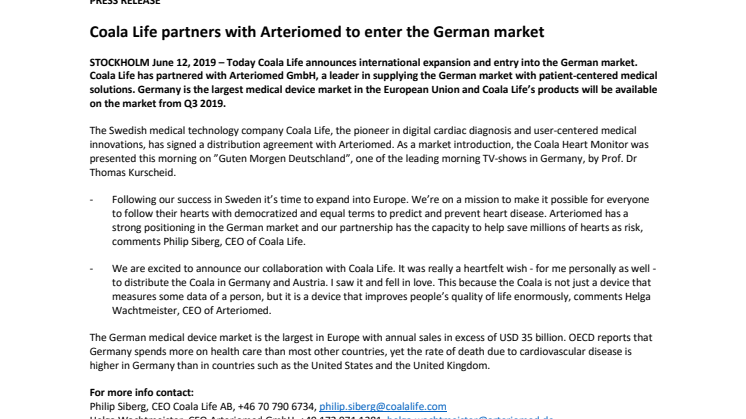 Coala Life partners with Arteriomed to enter the German market