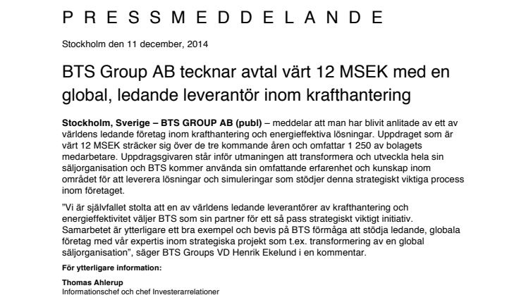 BTS Group AB tecknar avtal värt 12 MSEK med en global, ledande leverantör inom krafthantering