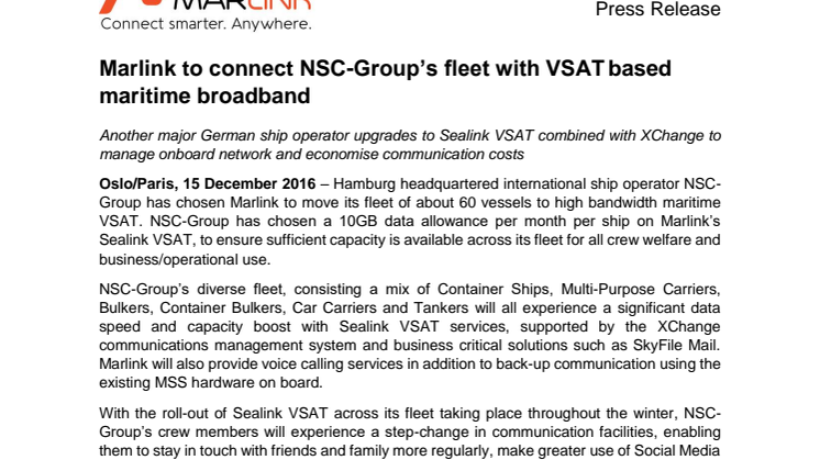 Marlink: Marlink to connect NSC-Group’s fleet with VSAT based maritime broadband