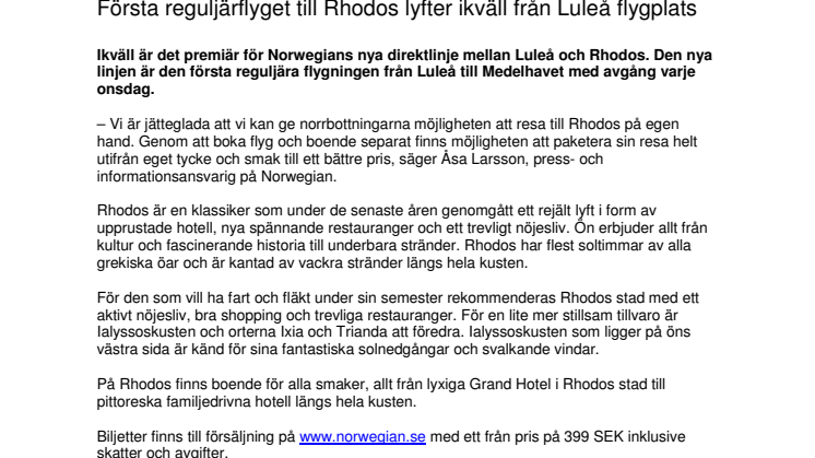 Första reguljärflyget till Rhodos lyfter ikväll från Luleå flygplats