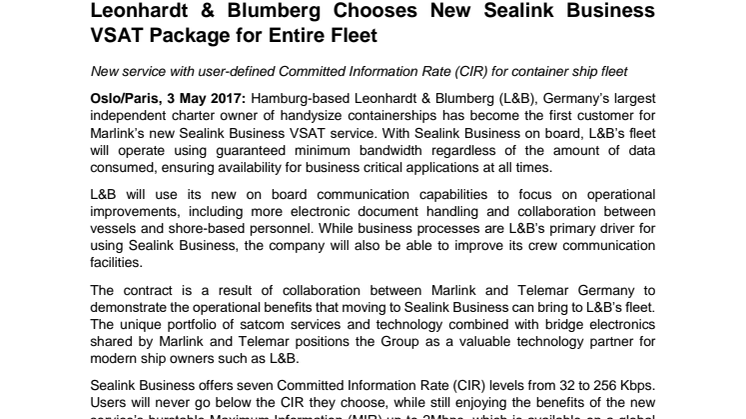 Marlink: Leonhardt & Blumberg Chooses New Sealink Business VSAT Package for Entire Fleet