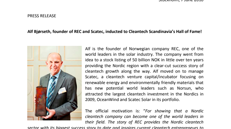 Alf Bjørseth, founder of REC and Scatec, inducted to Cleantech Scandinavia’s Hall of Fame