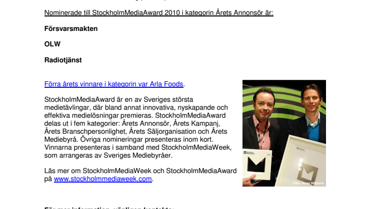 StockholmMediaAward 2010: Vem blir Årets Annonsör? 