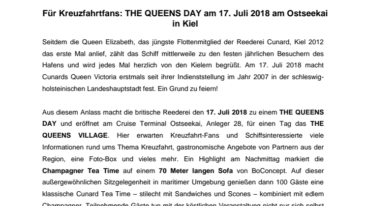 Die Queen Victoria kommt nach Kiel! Großes Fest für Jedermann am Ostseekai. 