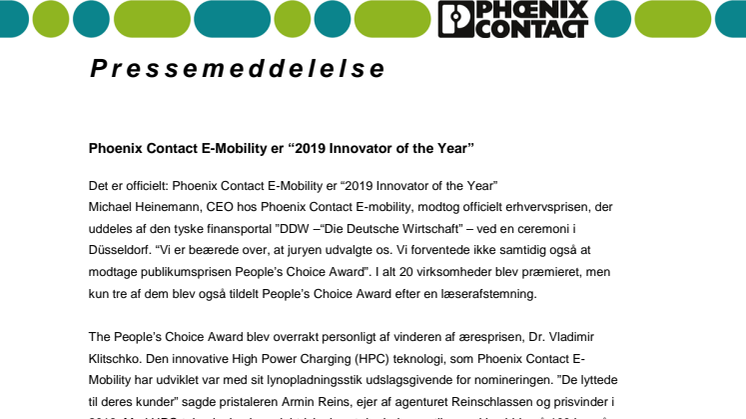 Phoenix Contact E-Mobility er “2019 Innovator of the Year”
