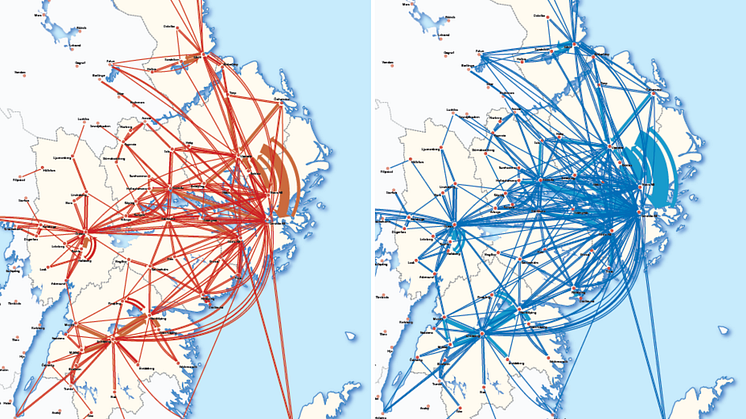 Arbetspendling, kvinnor (rött) och män (blått), 2018 mellan kommuner i Stockholm- Mälarregionen. Se bilderna i sin helhet under relaterat material. 
