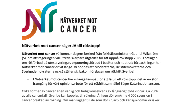 Nätverket mot cancer säger JA till rökstopp!