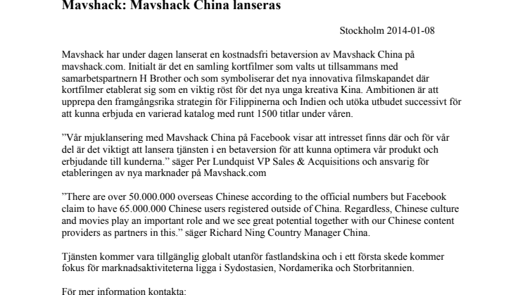 Mavshack: Mavshack China lanseras