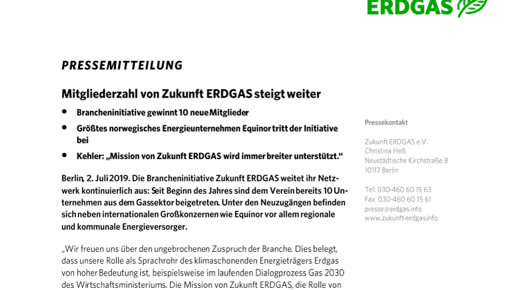 Mitgliederzahl von Zukunft ERDGAS steigt weiter