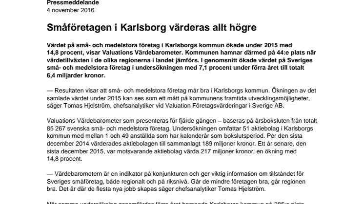 Värdebarometern 2015 Karlsborgs kommun
