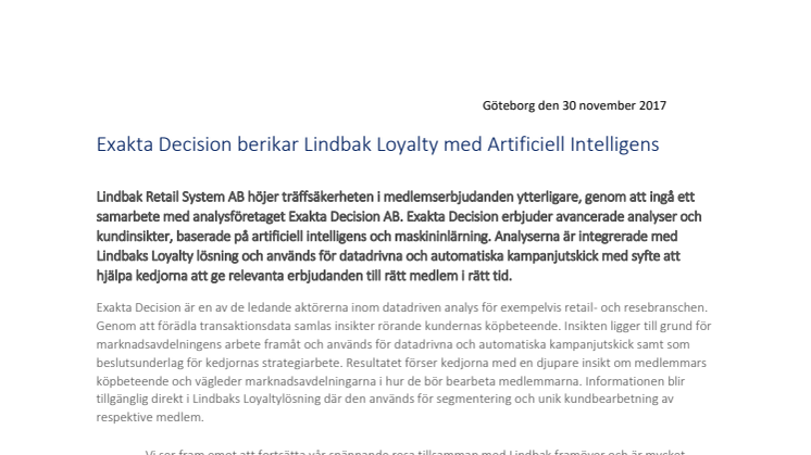 Exakta Decision berikar Lindbak Loyalty med Artificiell Intelligens 