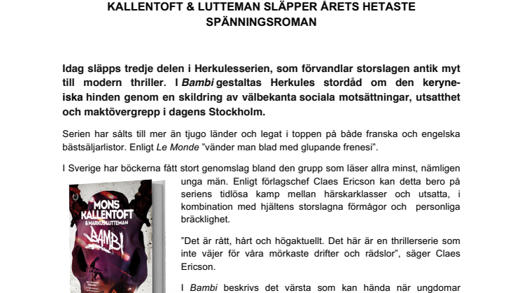Pressmeddelande: Kallentoft & Lutteman släpper årets hetaste spänningsroman