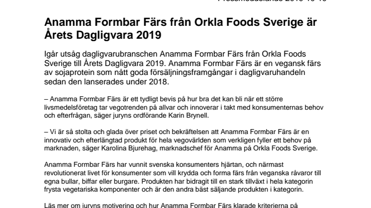 Anamma Formbar Färs från Orkla Foods Sverige är Årets Dagligvara 2019