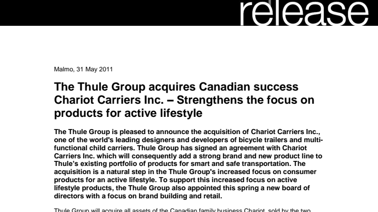 The Thule Group acquires Canadian success Chariot Carriers Inc. – Strengthens the focus on products for active lifestyle