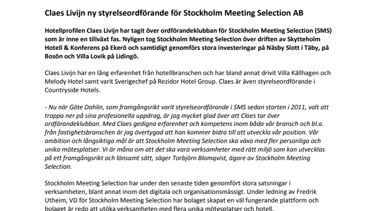 Claes Livijn ny styrelseordförande för Stockholm Meeting Selection AB
